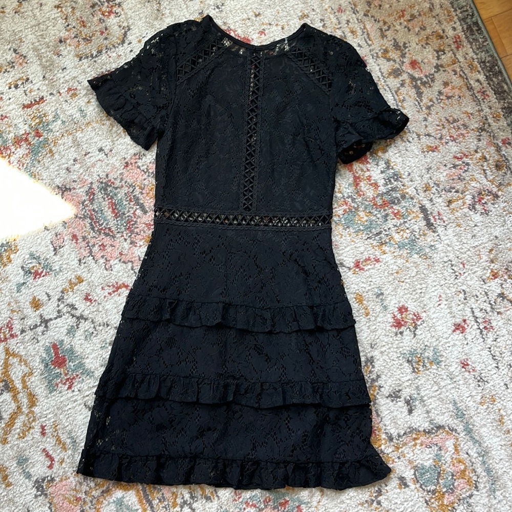 Black lace ruffled cutout mini dress